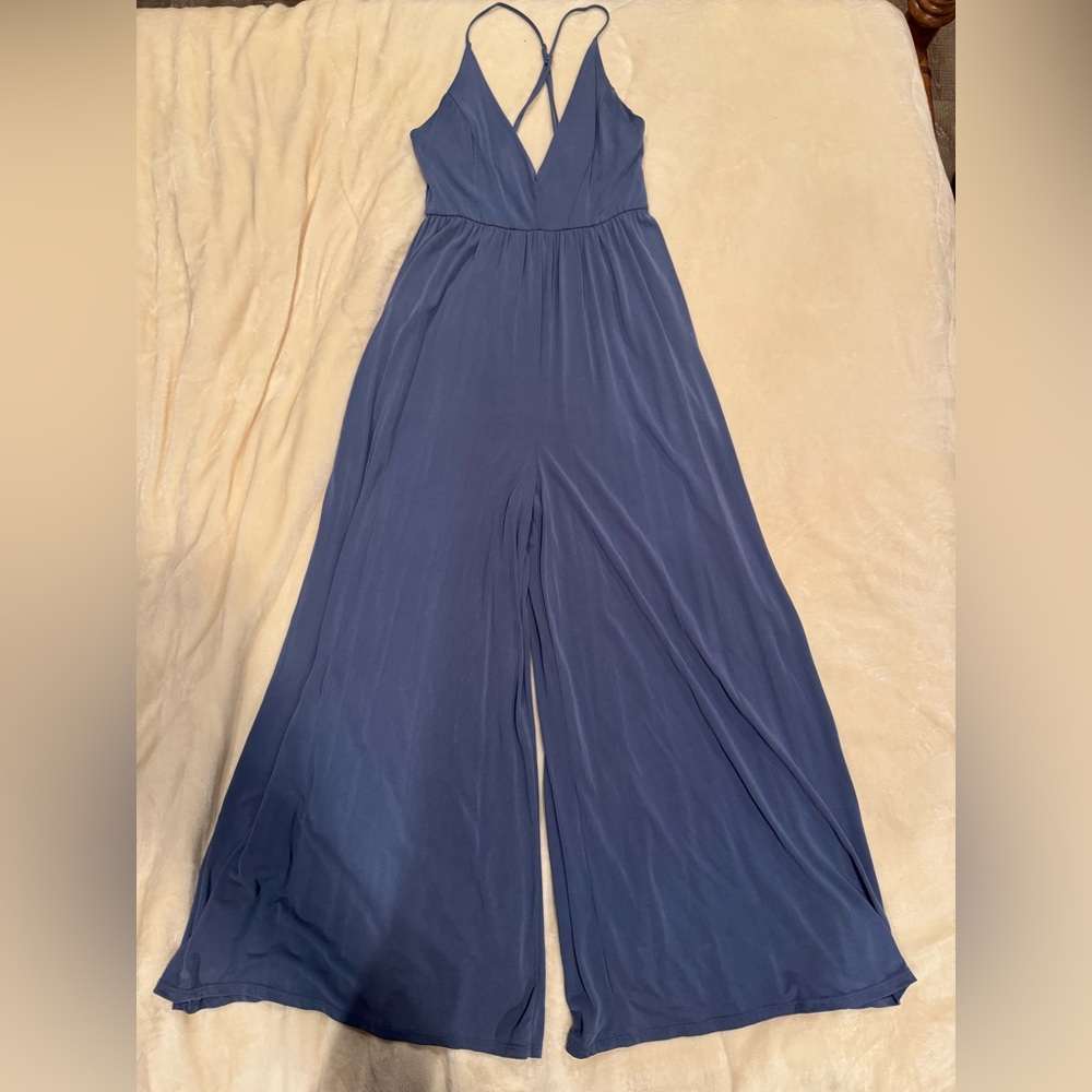 Women's Navy Wide-Leg Jumpsuit with V-Neck & Spaghetti Straps